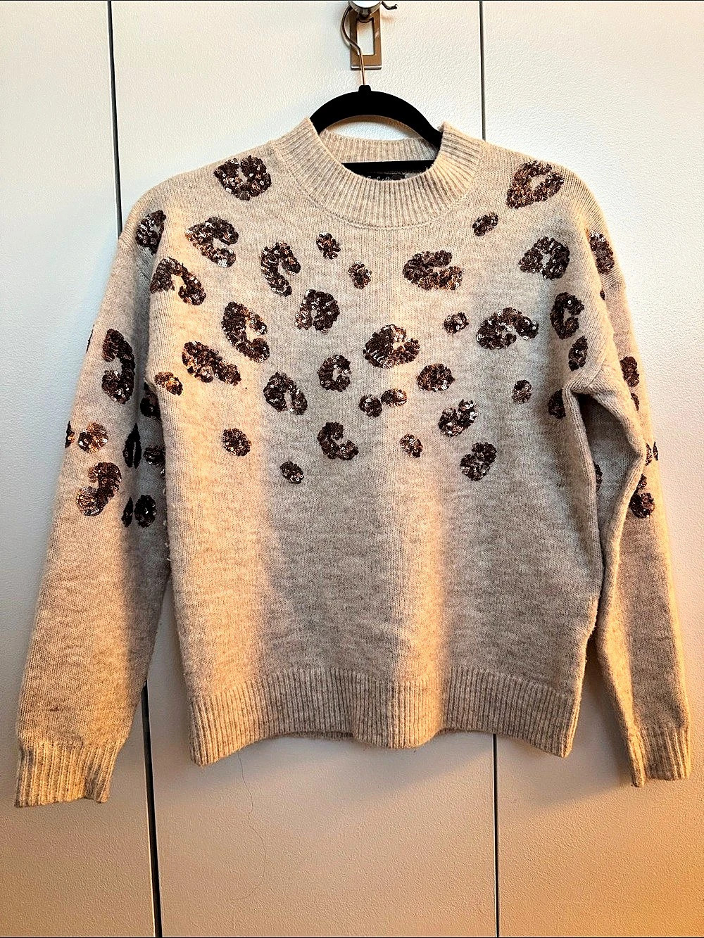 Charlie B Oat Crew Neck With Cheetah Sequins Sweater XS